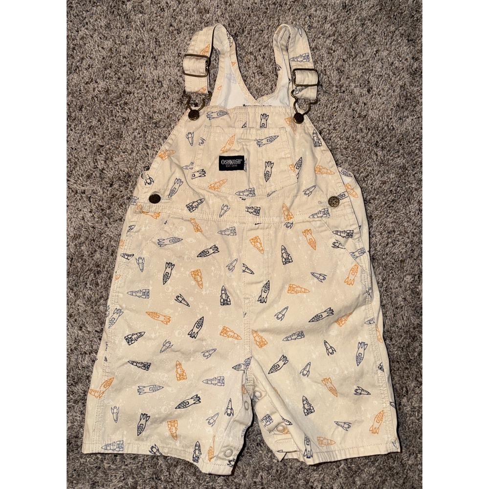 OshKosh B'gosh 24M Rocket Print Shortalls Cream/beige‎ Orange Blue
